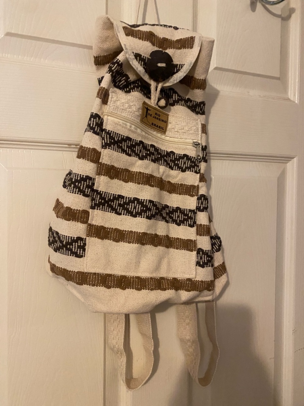 Striped Canvas Brazil Backpack in Cream, Brown & Black